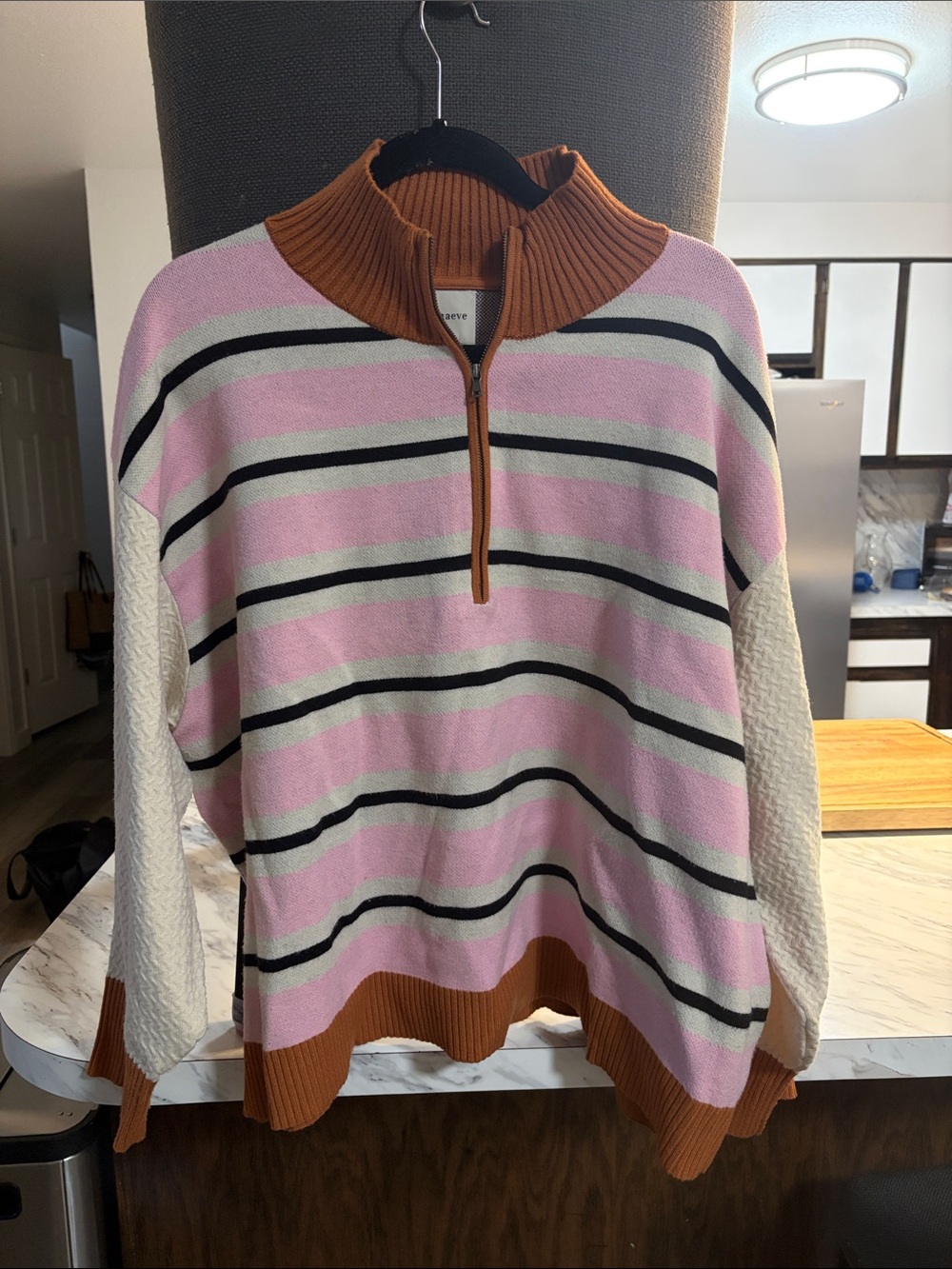 Maeve Striped Half-Zip Sweater in Pink, Cream & Black